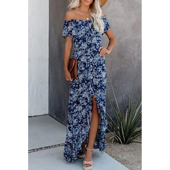 LAST ONE! Plus Size HAILEY Navy Blue Floral High Low Off The Shoulder Maxi dress
